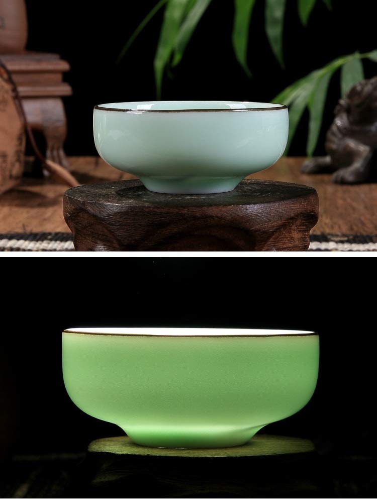 ZHAMS Hand Painted Kungfu Teacup,Chinese Long-quan Celadon Teacup,Fishes and Lotus Pattern,set of 6 - Image 2